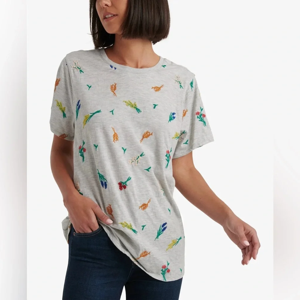 Lucky Brand Heather Grey Embroidered Florals Shirt Size Medium - Picture 6 of 15